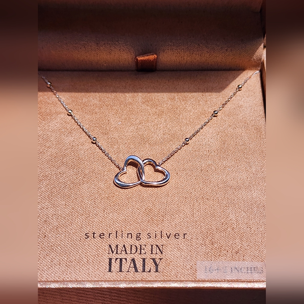 Sterling Silver .925 Double Heart Necklace Made in Italy